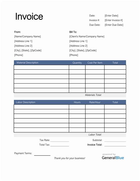 Time and Materials Invoice with Tax Calculation in Excel (Colorful)