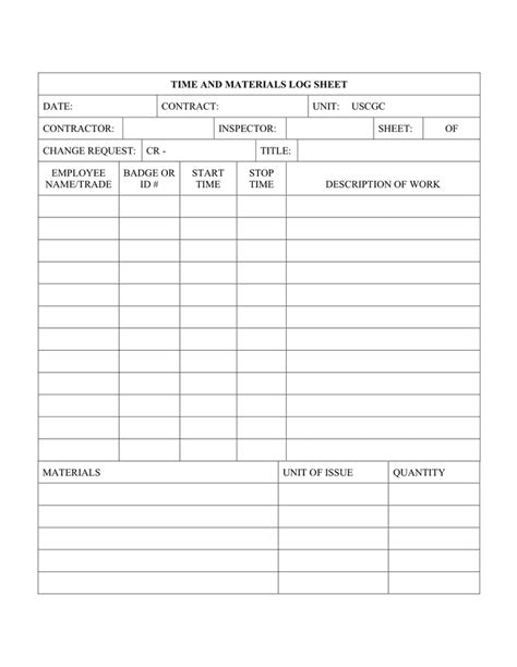 Time and materials log sheet in Word and Pdf formats