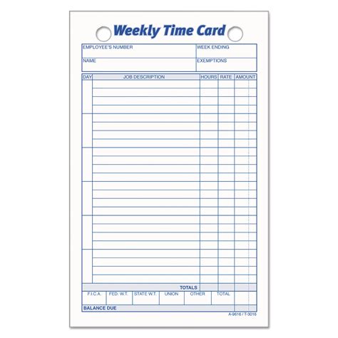 Time card. 1000 Pieces Time Cards 1 Side Time Clock Cards 3.5 x 9 Inches Green Print Time Sheets for Employees Weekly for Punch Time Clock, Employee Attendance, Payroll Recorder, Business. 3.5 out of 5 stars. 7. 100+ bought in past month. $32.99 $ 32. 99. FREE delivery Mon, Feb 19 on $35 of items shipped by Amazon. 