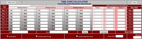 Reset. How to use Time Card Calculator: Clock in your start and end times for each day, along with any break times. Press tab to move to the next field while entering. Use the checkbox to determine if calculating for overtime or not. Click on “Calculate” on the bottom to get your hourly totals for the pay period.