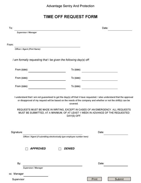 Time off request. Simple time off request template. Use our simple and customizable form to transform the way your HR and management manage employee requests or notification of vacation days, sick leave, and other leave requests. With our HR Request Template, it’s never been easier to track requested time and whether it … 