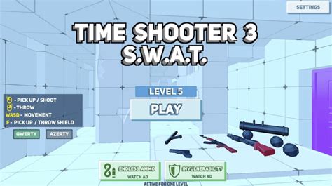 shooting. take the weapon. F pick up shield. Time Shooter 3: SWAT is another instalment of this popular series where you’ll be trying to get rid of your enemies. Similar to the previous instalments, you will be slowing down time to get through the levels. Whenever you move, the time speeds up, whenever you stop, the time will slow down.. 