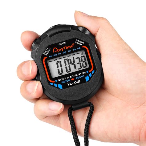  Stopwatch. A stopwatch is a handheld timekeeping device that is used to measure the time elapsed between two points in time. It typically includes a start/stop button and a reset button. Stopwatches can be used for timing various events, such as sports competitions, cooking, and more. The time measurement can range from milliseconds to hours. . 