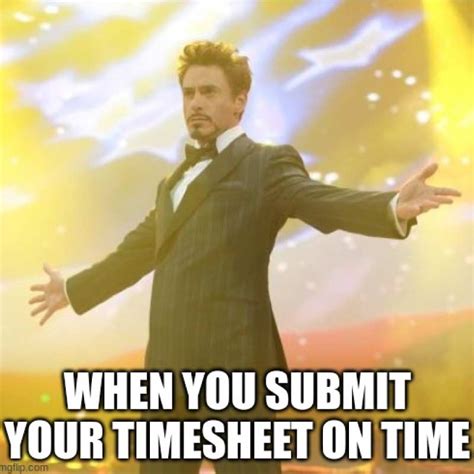 Timesheet Reminder #5: Timesheet Memes Everywhere. Timesheet reminder memes are becoming more and more popular. These are perhaps the most fun way to remind employees to turn in their timesheets. They are informal and serve as an excellent motivator for employees. Managers can get as creative as they want while …. 