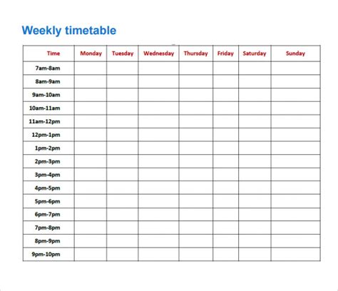 Timetable Template 9  Download Free Documents in PDF Excel