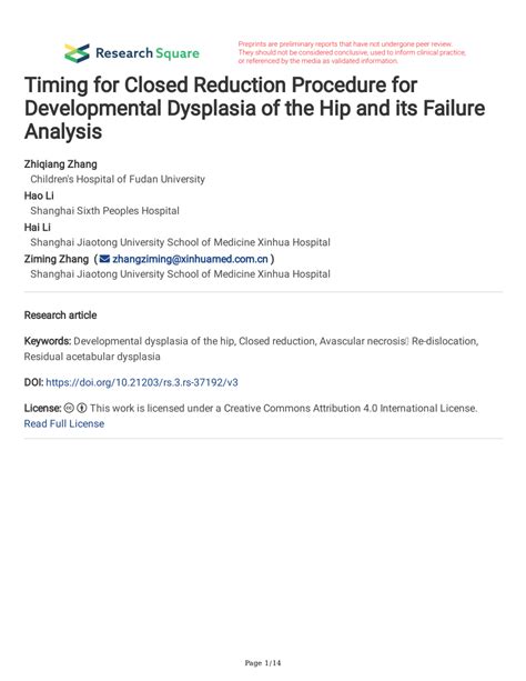 Timing for closed reduction procedure for developmental dysplasia of ...