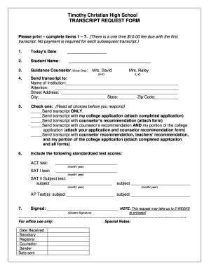 Timothy Christian High School Transcript Request Form Fill and Sign Printable Template Online
