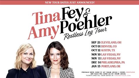 Tina fey and amy poehler restless leg tour. In Spring 2023 Amy Poehler & Tina Fey kicked off their Restless Leg Tour in Washington DC, a comedy show celebrating 30 years of friendship. Poehler is best known for starring in the Emmy-nominated NBC comedy series Parks and Recreation. Her portrayal of Leslie Knope earned her a 2014 Golden Globe award for “Best Actress in a TV Series ... 