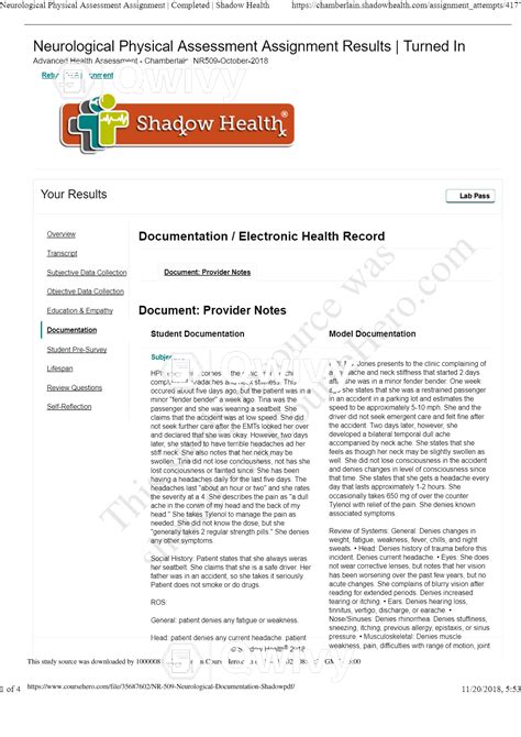 Shadow Health Tina Jones Documentation; Electronic Health Record, (N