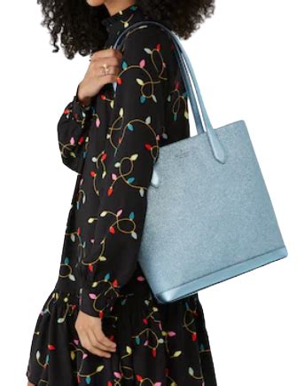 You know this tote holds your everyday stuff like a wallet, keys, phone, sunglasses. It also holds two red lipsticks, $6 in change, 11 crumpled receipts, an avocado Tinsel Tote | Kate Spade Surprise. 