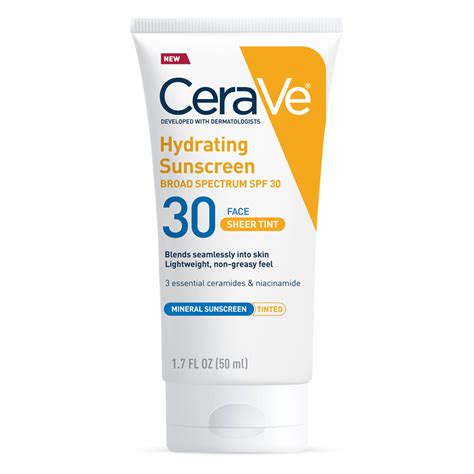 Tinted mineral sunscreen. Developed with dermatologists, CeraVe Hydrating Sunscreen Face Lotion provides broad-spectrum protection with 100% mineral sunscreen that reflect the sun’s damaging UVA/UVB rays. This lightweight formula provides all day hydration with three essential ceramides that help restore the skin’s natural barrier and lock in moisture long after. 