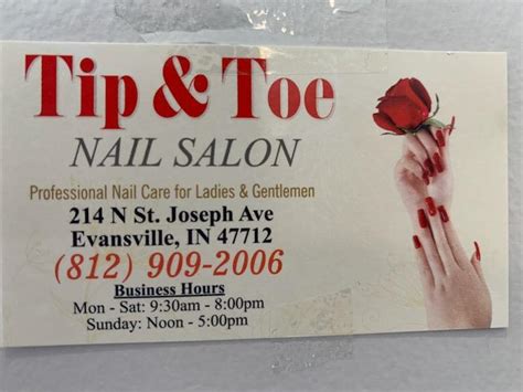 Tip and toe nail salon evansville. 80 reviews of Tip-Toe Nails "I have been cutting my own toe nails like forever. But a few months ago I develop in-grown toe nails on two of my toe nails. Each time I cut it, it would return and cause pain on the toes. I finally gave up and ready to seek help. This place was close by so I thought I'll give it a try. It's been remodeled and looks new. 