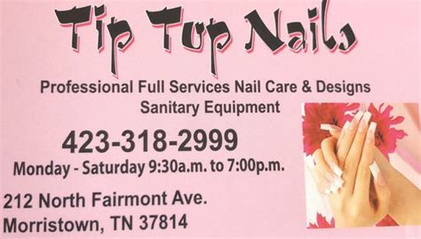 Tip top nails morristown tn. top of page. The Boulevard Salon & Spa. Home. About. Services. Our Team. More ... NAILS. Starting at $25. MASSAGES. Starting at $65. Schedule Your Appointment TODAY ... 423-616-0051. 231 E Morris Blvd. Morristown, TN 37814 ©2023 by The Boulevard Salon & Spa. Proudly created with Wix.com. bottom of page ... 