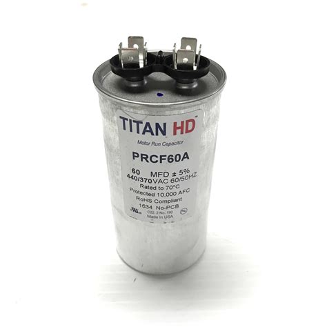 Titan hd capacitor. Titan HD PRCF80A - 80 MFD Round Motor Run Capacitor (440/370V)- Packard has received the call to create a USA-made capacitor to provide contractors with confidence on the job. Our answer is Titan HD. With a substantial 60,000 hours of operating life, it is just as hardworking as those who made them. Features: Made in USA Full product offering ... 