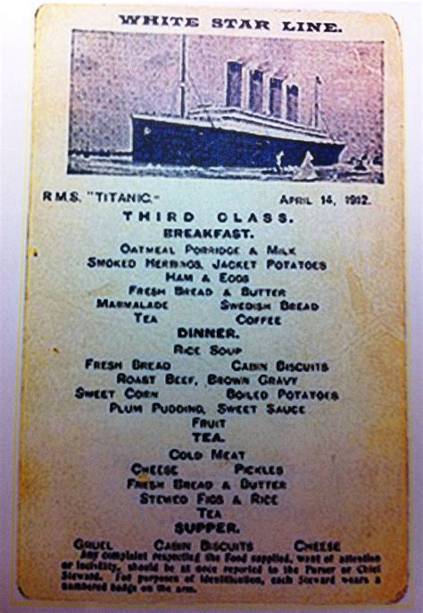 Titanic 3rd class menu.  Printed menu cards overflowed with the latest French cui...