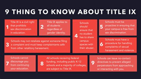Title 9 rules. Title IX provides: No person in the United States shall, on the basis of sex, be excluded from participation in, be denied the benefits of, or be subjected ... 