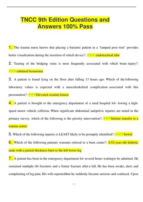 TNCC CHAPTER 10 100% CORRESCT QUESTIONS AND ANSWERS 2023. 100% Money Back Guarantee Immediately available after payment Both online and in PDF No strings attached.. 