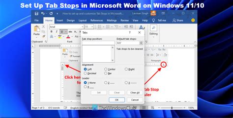 To set a tab stop in office 365 on Windows