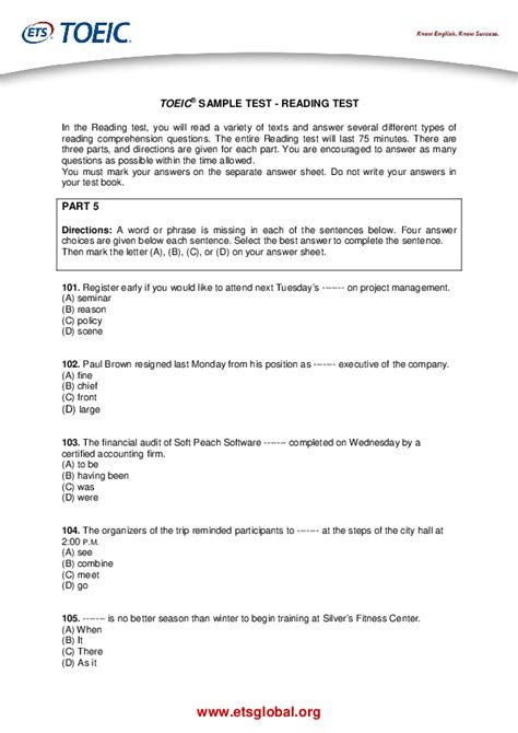 Toeic Listening And Reading Test Sample Questions