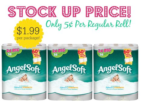 Toilet paper coupon. You can use your Angel Soft Toilet Paper Coupons for a great deal on toilet paper this week! Pay just $0.16 per regular roll at Walgreens. Through 10/26/19, Walgreens will have the 6 Mega or 12 Family Rolls (equals 24 Reg Rolls) on sale for $4.99 each. Buy 1 pack and use the $1.00/1 Angel Soft Walgreens Coupon or from the 10/6 … 