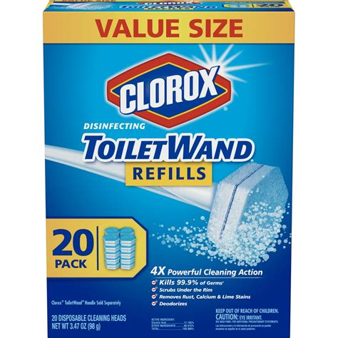 Toilet wand clorox. Clorox Toilet Wand disposable toilet Cleaning system is a convenient way to a quick clean toilet. The starter kit contains one wand, 6 original refills, 10 Rainforest rush scented refills and 1 storage Caddy to get you started on a deeper clean. Each disposable head is preloaded with Clorox cleaner with 4x the powerful scrubbing action to clean ... 