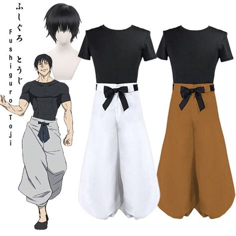 Toji pants. Toji is a tall, muscular man with mid-length straight black hair that reaches to his ears. His eyes are green, just like his son’s, and he has thin black eyebrows and a scar on the corner of his right lip. For casual attire, Toji wears a simple outfit consisting of a long-sleeved shirt and matching pants with sandals. 