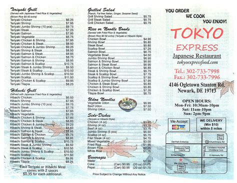 Tokyo express newark photos. Tokyo Express. Outdated menu here? Click to update . Prices and menu items are subject to change. Contact the restaurant for the most up to date information. Page 1 of 2 Back to top. Page 2 of 2 Back to top. Check out other Sushi Restaurants in Newark. MenuPix.com is a comprehensive search engine for United States and Canada restaurant menus ... 