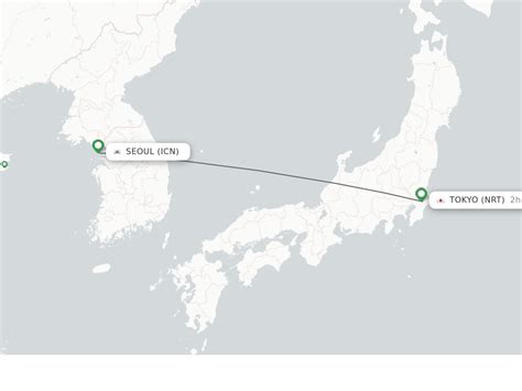 Tokyo to seoul flight. How far is Seoul from Tokyo? Here's the quick answer if you have a private jet and you can fly in the fastest possible straight line. Flight distance: 721 miles or 1160 km Flight time: 1 hour, 57 minutes Compare this to a whole day of commercial travel with the airports and waiting in line for security, which ends up taking a total of 5 hours, 50 minutes. 