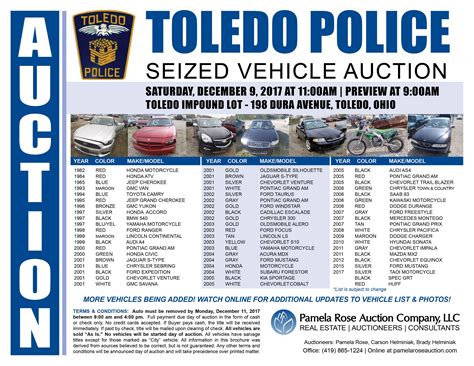 Toledo police car auction. AUTO AUCTION TOLEDO POLICE SEIZED VEHICLES Impound Lot at 198 Dura Avenue, Toledo, Ohio 43612 VEHICLE PREVIEW: ... FEATURED VEHICLE LOT 53 1973 Chevrolet Corvettte. BID ONLINE: www.PamelaRoseAuction.com OFFICE: 419-865-1224 Pamela Rose Auction Company, LLC ONLINE BIDDING ENDS: ... Passenger Car, Mileage: … 