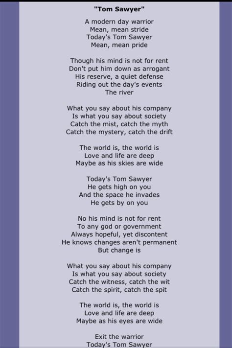 Tom sawyer lyrics. Things To Know About Tom sawyer lyrics. 