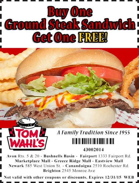 Oct 8, 2014 · You can use coupons from Tom Wahls or Bill Grays , whether they be new or expired !!!! Dean Rozler April 10, 2022 Burger was delicious, staff was courteous & smiling. . 
