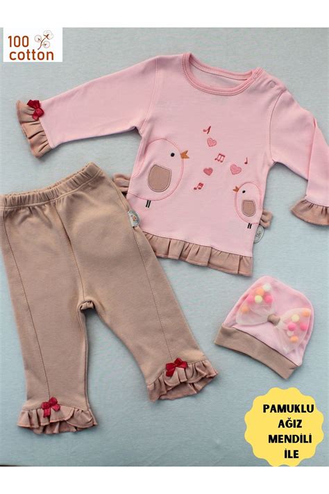 Tomuycuk 3'lü Kız Bebek Çocuk Takım Pembe Kuş Nakışlı Sweatli 3-6 .