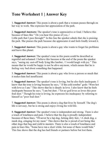 Tone worksheet 1 answer key. Author's Tone Worksheet 1 Answer Key. These are the answers to Author's Tone Worksheet 1. Teachers, feel free to print the included pdf files for use in the classroom. Stop! Before you read on, have you completed the A... 