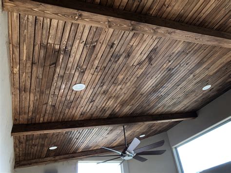 Tongue groove ceiling. Tongue and groove ceilings are available in many different styles and finishes. First, you have your choice of wood. Some of the most common options include cedar, fir, and pine, though more expensive options can include oak, cherry, and walnut. Each of these comes in different variants as well. Next, there’s the … 