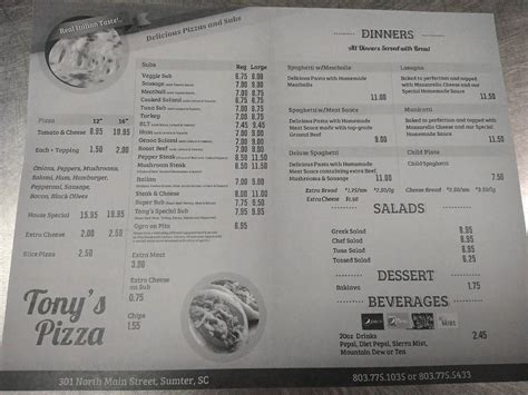 Tony's pizza sumter menu. Delivery hours: Mon - Sun. 11 am - 10 pm. $3 Delivery Charge. Store hours: Mon - Thurs. & Sun. 10 am - 11 pm, Fri & Sat. 10 am - Midnight. A new, delicious covered pizza filled with sausage, mushroom, peppers, pepperoni, broccoli, cheese, and a meat sauce, or substitute a topping for one of your own. 2 hour notice. 