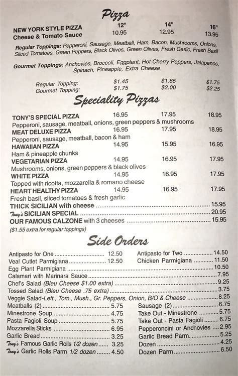 Tony's place menu. Open Menu Close Menu. Home Menu Open Menu Close Menu. Home Menu ... Menu Tony's Pizza City. ORDER ONLINE Our Story. Tony's Pizza City is currently located at 901 E Willow Grove Ave. Order your favorite pizza, pasta, salad, and more, all with the click of a button. Visit us . 901 E Willow Grove Ave Wyndmoor, PA, 19038. 