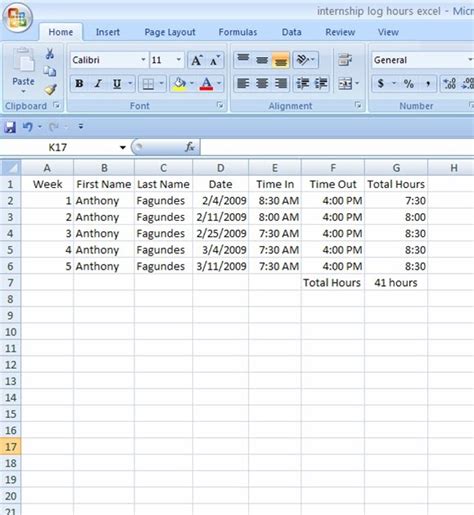 Tony Internship log hours on excel