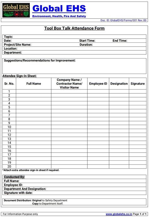 Tool Box Talk Form PDF