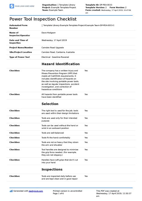 Tool Inspection Checklist Template Excel