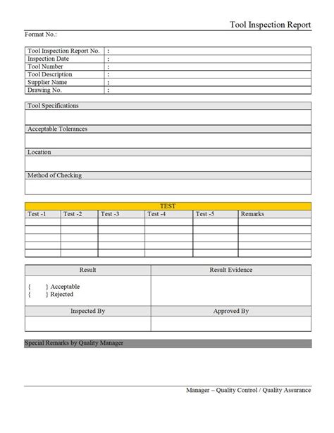 Tool Inspection Report Throughout Engineering Inspection Report