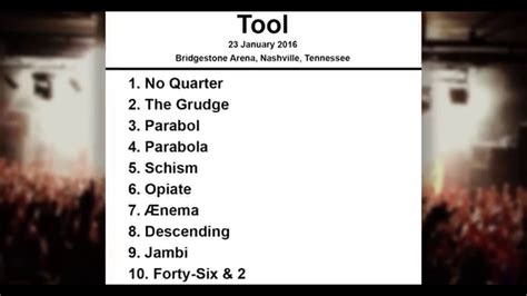 Tool nashville setlist. Tool is a progressive metal band formed in 1990, by Maynard James Keenan (vocals), Adam Jones (guitar), Paul D'Amour (bass), and Danny Carey (drums). The band released their first album "Undertow" in 1993. … 