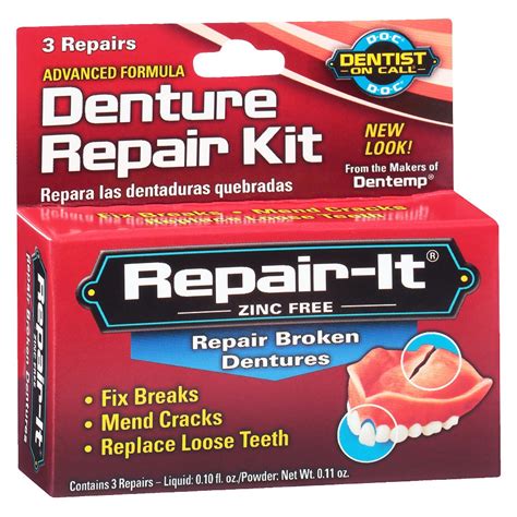 Tooth repair kit walgreens. The Dentemp Repair-it Denture Repair Kit contains everything you need to fix breaks, mend cracks and replace loose teeth in minutes. The safe and easy to use kit is zinc free and a must-have for anyone with dentures. Be prepared for an emergency break or crack with 3 repairs per package that are easy to use and strong enough to eat on in 60 ... 