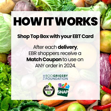 Top Box Foods is a community-based non-profit with a simple purpose: to offer a variety of delicious and healthy boxes of food at affordable prices. ... Through Market Match, we’ll match each EBT dollar you spend, dollar for dollar on any produce in your order up to 50% off the total. SNAP in BATON ROUGE. 