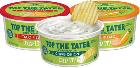 Top the tater. Top the Tater Chive Onion may have started as the ultimate baked potato topping, but these days most folks just dip in with their favorite chips, pretzels or veggies. Made with fresh sour cream artfully blended with chives, onions and our proprietary blend of seasonings, Top The Tater has been described as a mouthwatering, tub of deliciousness. ... 