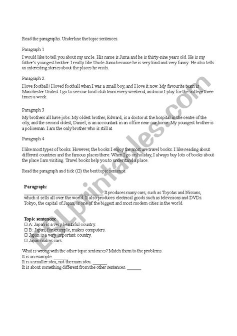 Topic Sentences Practice Worksheet ESL worksheet by ranroun29