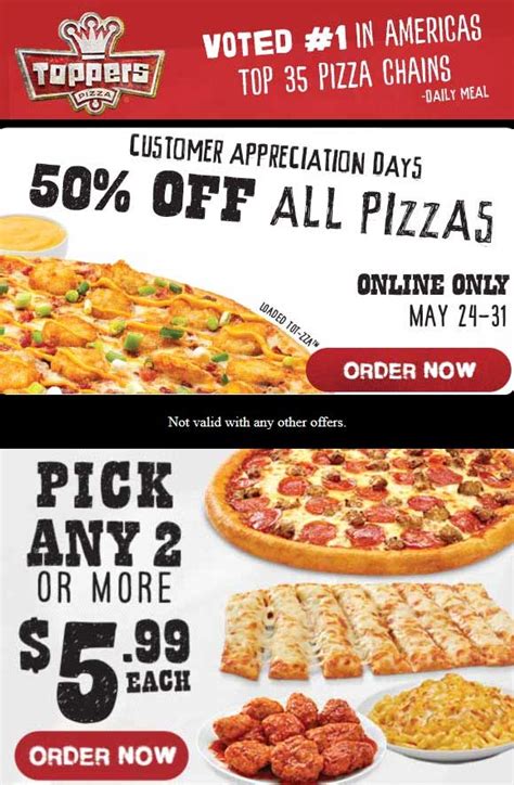 Toppers pizza promo codes. Popular Home Run Inn Pizza Coupon Codes. Deal. Buy $50 Gift Cards, Get Free $10 Promo Gift Card. Deal. Get Home Run Inn Classic 8" Personal Cheese Pizza for Just $7.99. Deal. Get Large Cheese Pizza + Traditional or Lemon Pepper Wings for $37.99. Deal. Sign Up for HRI Rewards and Get Free Pizza! 