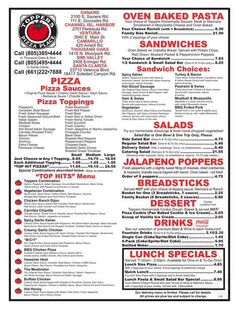Toppers pizza ventura. Topper's Tuesday Customize Every Tuesday get any LARGE Recipe pizza for the price of a MEDIUM Recipe pizza! Pick Up or Delivery. Not valid with Pepperoni Explosion AVAILABLE EVERY TUESDAY! (10 Slices/Pizza 240-270 Cals/Slice) Personal Pizza & Pop ($7.95) Customize Personal 2 Topping Pizza and 1 can of Pop. Upgrade to a bottle of … 