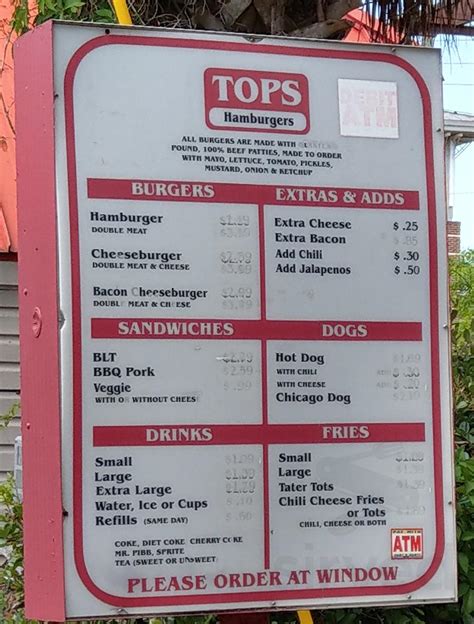 Tops Choice Hamburgers menu in Pensacola, Florida, USA