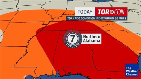 Oct 21, 2022 · The Weather Channel released an updated prediction for the weather and tweeted Monday afternoon that the “TORCON” level for northern Alabama was up to 7. This simply means there was a 70 percent chance of a tornado developing within the area where the warning was set.2018-03-19 . 