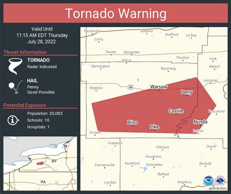 Tornado Warning National Weather Service Buffalo NY 807 PM EDT Mon Aug 7 2023 The National Weather Service in Buffalo has issued a * Tornado Warning for... Southeastern Lewis County in central New York... * Until 845 PM EDT. * At 807 PM EDT, a severe thunderstorm capable of producing a tornado . 